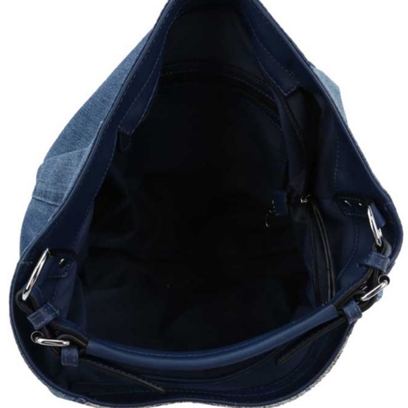 LeMiel Chillx. Medium Denim Hobo Style Handbag 90s Bohemian Silver Foil Accent - Picture 4 of 11